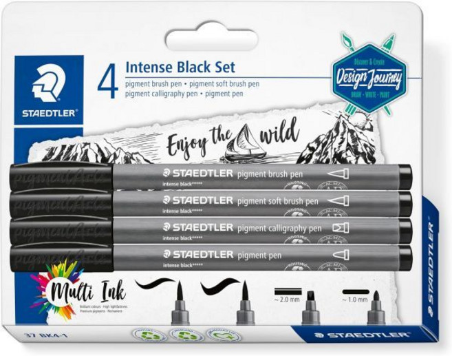 스테들러 Staedtler Pigment Arts 펜 - 인텐스 블랙 다양한 팁 4개 세트 108416, Intense Black Set