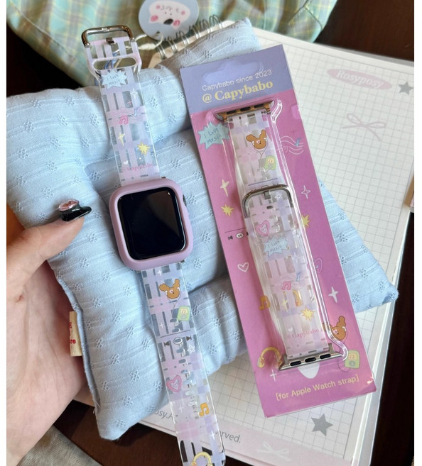 림핑앤스무디 y2k sweet heart strap 애플워치 투명 핑크 리본 실리콘 스트랩 밴드 리본 고양이 키치 귀여운 힙한 예쁜 캐릭터 드로잉 시계줄 줄질 호환 청량 심플 SE, 4-6세대 44mm, 1개