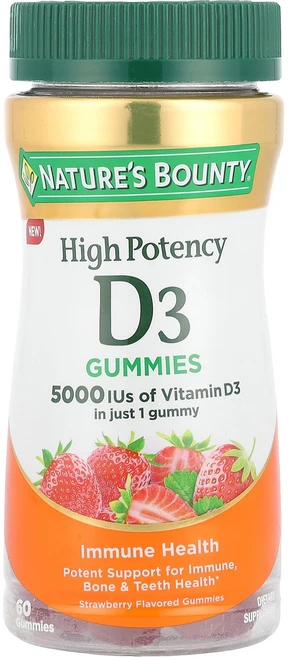 Nature's Bounty 비타민D3 구미젤리 고효능 딸기 맛 5 000IU 구미젤리 60개 Bounty (네이처스 바운티), Nature's Bounty, 비타민D3 구미젤리, 고, 1개 - 쿠팡
