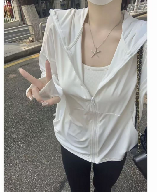夏季防曬衣女寬鬆運動服開衫薄外套, 白色, L【建議105-120斤】