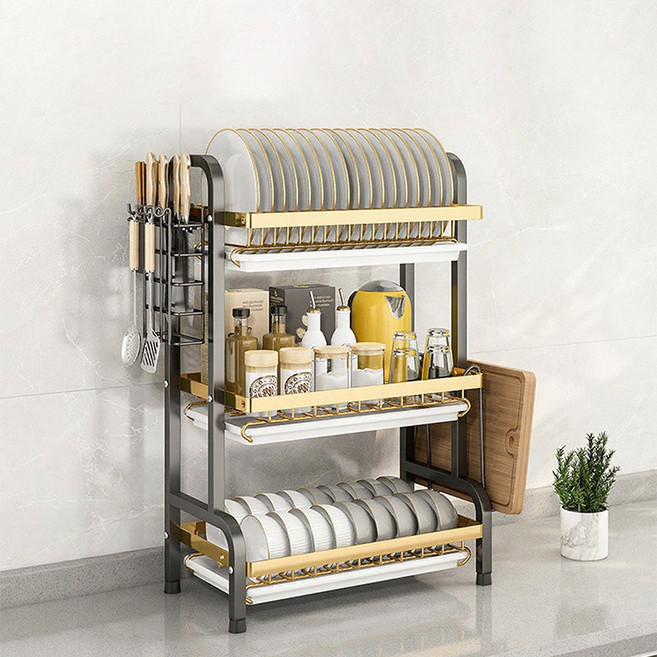 Tiger Pavilion 주방 싱크 접시 그릇 선반 53cm, 1개, 블랙골드, 3단