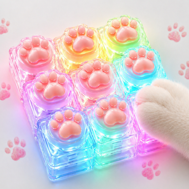 아크배라 LED 고양이 발바닥 키캡 키보드 딸깍이 열쇠고리, 1개, 투명 9구