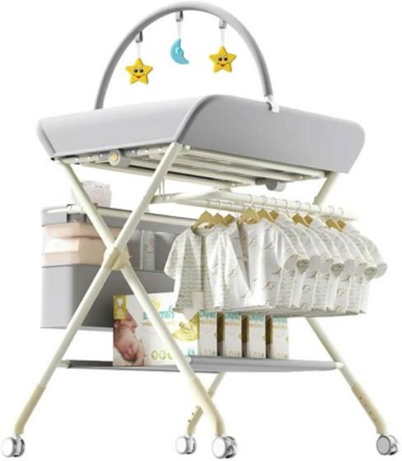 多功能嬰兒護理台 換尿布台 撫觸台 附玩具架 雙層收納, 灰色 雙層玩具款