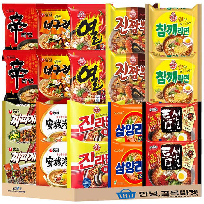 봉지 라면 낱개 10종 20봉입 신라면2 진라면 매운2 짜파게티2 안성탕면2 삼양라면2 진짬뽕2 열라면2 너구리2 참깨2 틈새라면2, 1개
