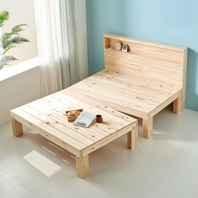 미엔우드 천연 편백 원목 침대 프레임 돌침대 주문제작 선반형 수납형 평상 분리형 싱글 슈퍼싱글 더블 퀸 킹, 분리형 편백침대 LED수납형