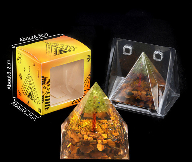 樹脂膠包裹水晶碎石金字塔擺件 家居小擺件 盒裝, 虎眼石＋橄欖晶樹