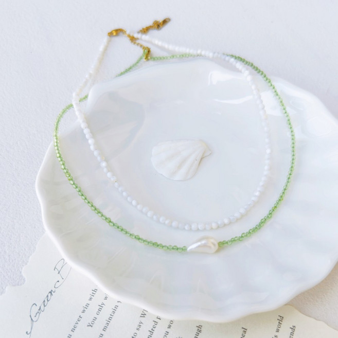 BULING 올리브 수정 천연 바로크 진주 레이어드 콤비 목걸이 2종 세트