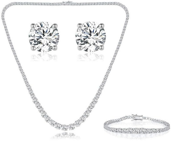 젬스미 18K 화이트 골드 도금 테니스 목걸이 / 팔찌 귀걸이 밴드 링 세트 저자극 주얼리 팩 4종, 3 Set Pcs White, 10#