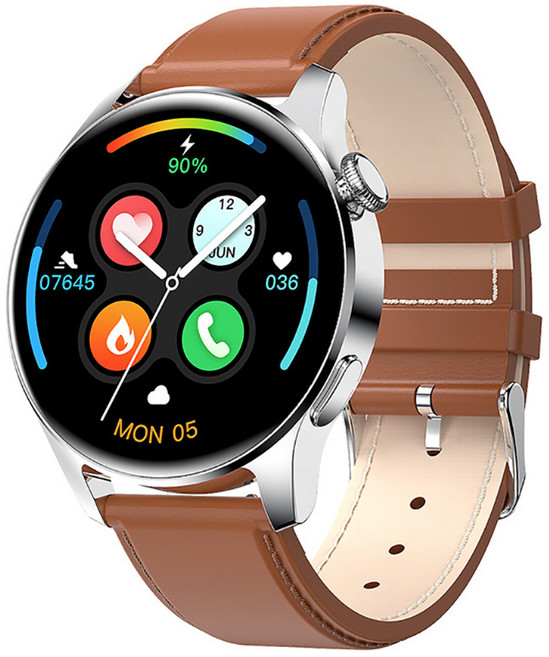 웨어러블 스마트워치 블루투스통화 운동시계, 실버 가죽