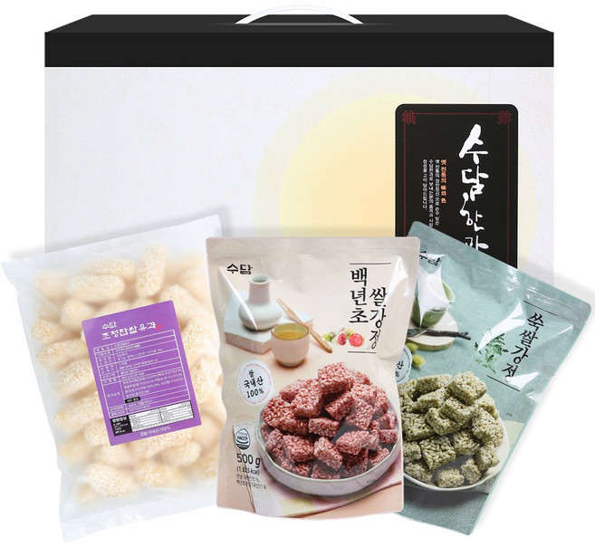 수담 유과쌀강정 3종 선물세트 찹쌀조청유과500g 백년초쌀강정500g 쑥쌀강정500g 바싹하고 고소한 쌀강정 국내산 쌀 사용, 3개, 500g