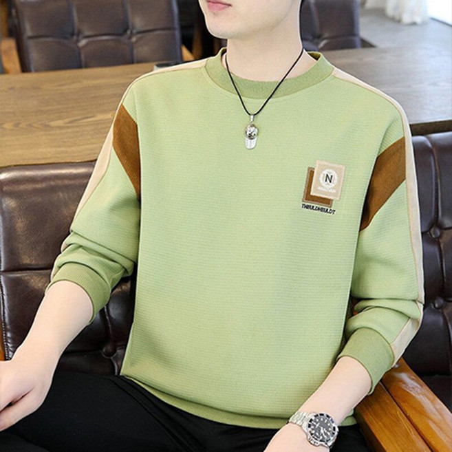 중년 남성 티셔츠 긴팔 맨투맨 캐주얼 패치워크 라운드 맨투맨 빅사이즈 긴팔티 상의 봄가을 남자 맨투맨티 YJW