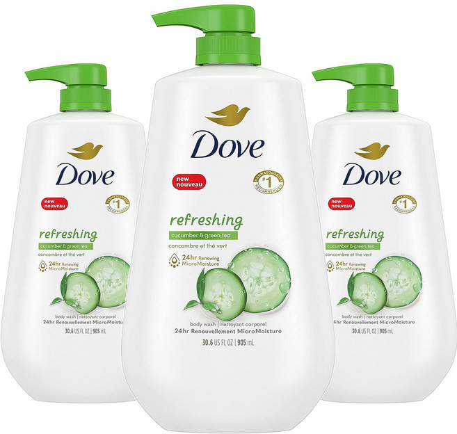 도브 너리싱 바디 워시 리프레싱 오이 & 그린 티 향, 3개, 905ml
