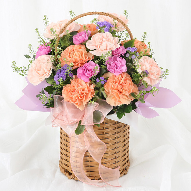 (오늘도착) 어버이날 카네이션 꽃바구니 피치 퍼플 생화 부모님선물 어버이날선물 카네이션꽃바구니 효도선물 당일꽃배달 [ST-A2050], 1개
