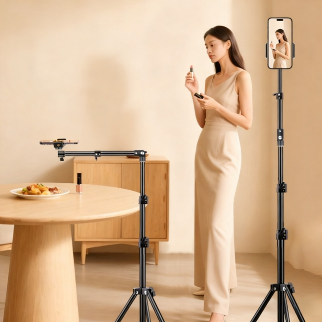 콜콜러브 휴대폰 거치대 라이브 촬영 삼각대 착지 셀카 촬영 캐스터 동영상 삼각대 신축식 거치대, 2.1미터 탄소 강철 브래킷, 블랙, 1개