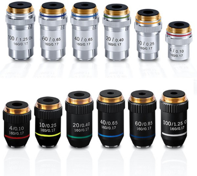 무채색 대물 렌즈 생물 현미경 렌즈 실버 블랙 쉘 4X 10X 20X 40X 60X 100X (오일), 02 Black, 07 100배