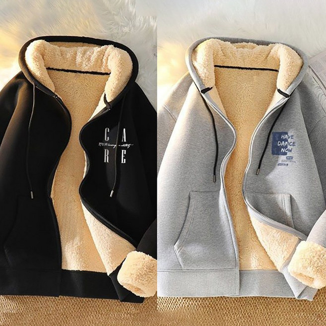 블랙 그레이 1+1 남성 기모 후드티 가을겨울 도톰 양털 후리스 후드 집업 패션 레터링 따뜻한 캐주얼 트레이닝 외투 빅사이즈