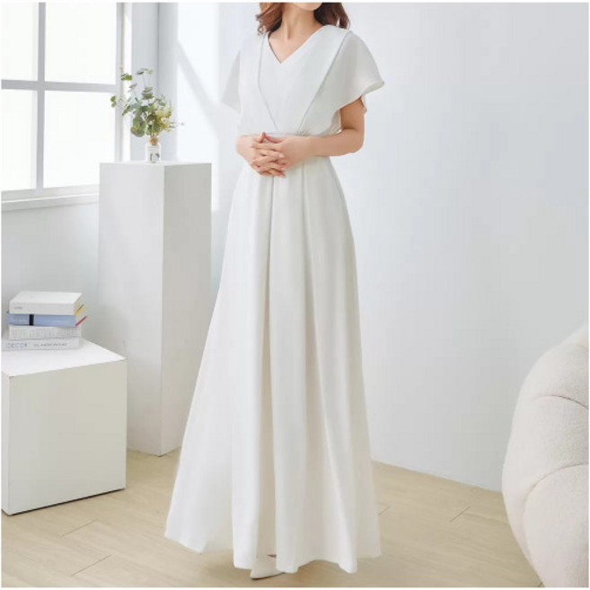 MYDRESS 雙肩帶長洋裝 優雅飄逸婚禮尾牙洋裝, 白色,XL