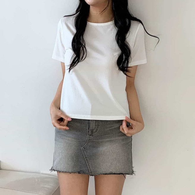 봉봉 여름 반팔 데일리 캐주얼 세미크롭 티셔츠 기본 베이직 라운드넥 면모달혼방 20대