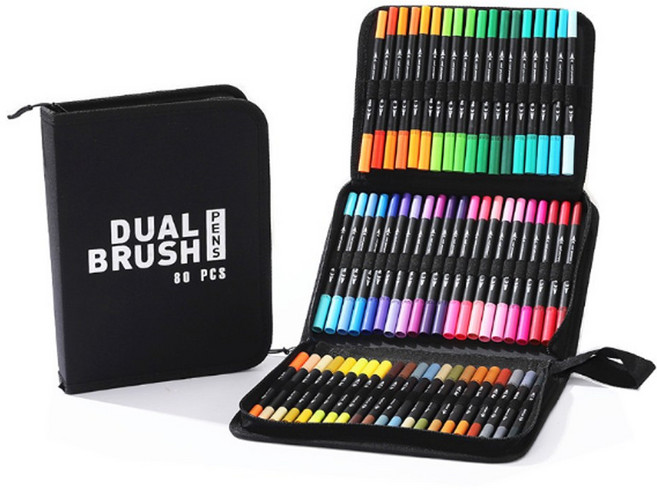 더블팁 수성 컬러 마카펜 브러쉬펜 캘리그라피 붓 펜 + CD 케이스 가방 세트, 1세트, 80색