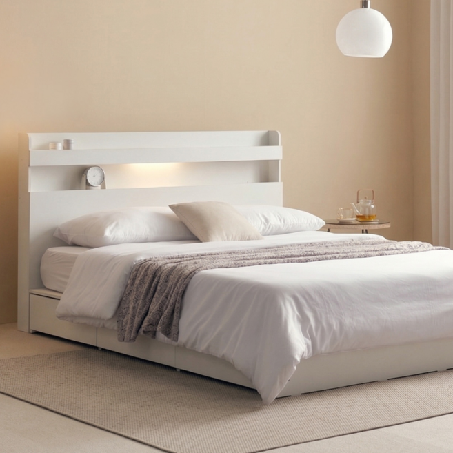 늘나른 데이브 LED조명헤드 3서랍 수납 침대프레임 SS/Q 슈퍼싱글/퀸, 화이트