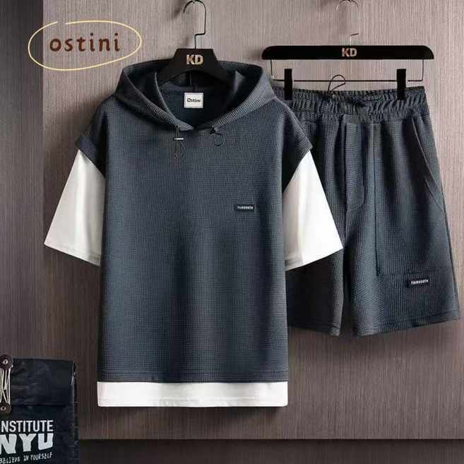 오스틱니 2026 남성 여름 후드 반팔 트레이닝 통기성 티셔츠+반바지 2종 세트