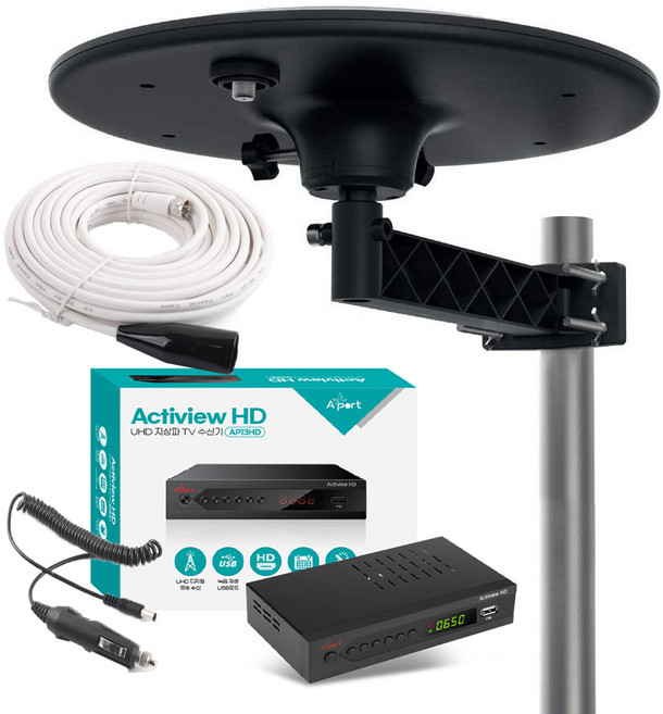 UHD 지상파 TV 안테나 셋톱박스 수신기세트 1.5~10M 케이블 포함 차량용 가정용 캠핑용 농막용, AP13HD02C(원반형 블랙), 1개