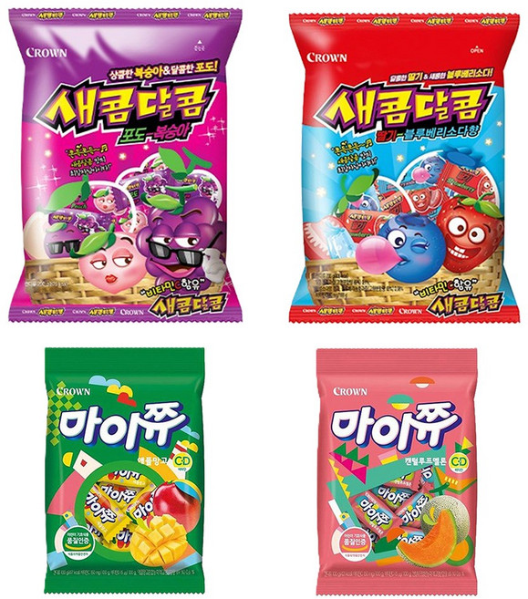 새콤달콤 포도복숭아 200g + 딸기블루베리소다 200g + 마이쮸 애플망고 100g + 캔달루프 100g