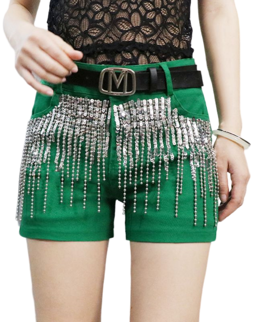 댄스복 바지 여성용 스팽글 수술 데님 반바지 슬림 체인 핫팬츠+벨트 뉴타임즈 A726D985