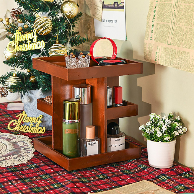 원목 360도 회전 수납 정리대 화장품 액세서리 보관함 데스크 트레이 향수 립스틱 화장대 정리함, 1개