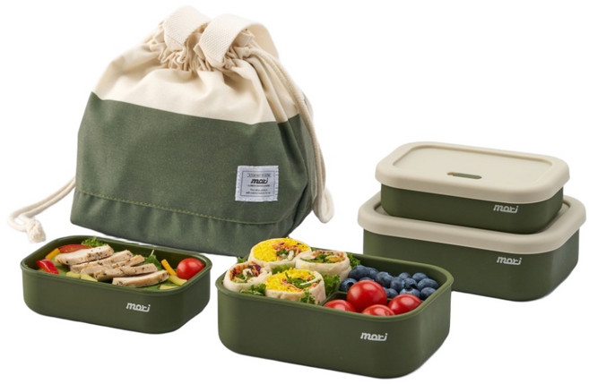 모리 실리콘 직장인 도시락통 전자레인지 300ml + 700ml + 보온보냉백 세트, 1세트, 그린