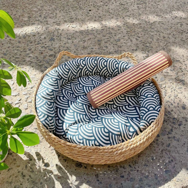 AWBH 貓咪藤編窩 貓抓板 四季通用, 蒲草 藍色墊子 靠枕 竹製涼蓆, 1個