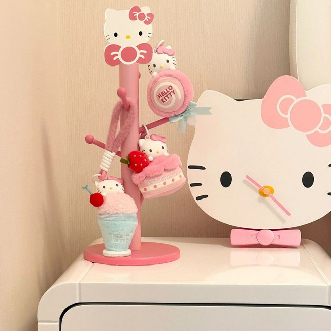 귀여운 KT 고양이 수납 선반 고급스러운 디자인의 수납 랙 장식용 걸이 헤드셋 수납 가능 핑크색 목재 컵 걸이형 수납, 1개, 헬로키티(인형 장식등 불포함)