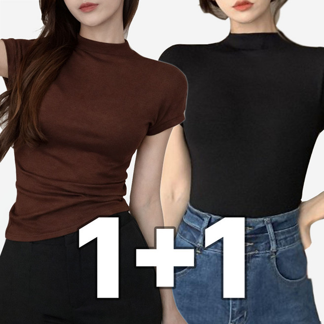 밀크린 여성 여름 목폴라티 반팔 나시 2종 세트 얇은 반소매 폴라티 티셔츠