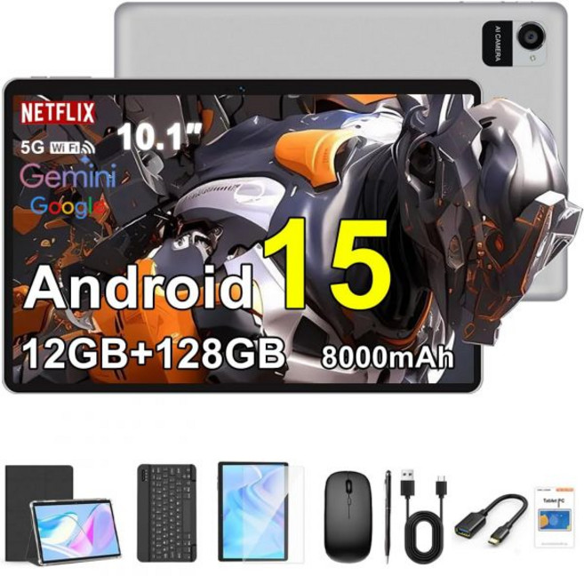 크레랜더 101인치 안드로이드 15 태블릿 12GB+128GB 8000mAh 배터리 1280x800 터치스크린 5G 와이파이블루투스 케이스 키보드 마우스 스타일러스 포함 회색, Gray