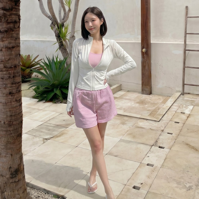 VIXYNCO 여성 수영복세트 4피스 비키니 래쉬가드 반바지 커버업, 화이트 핑크