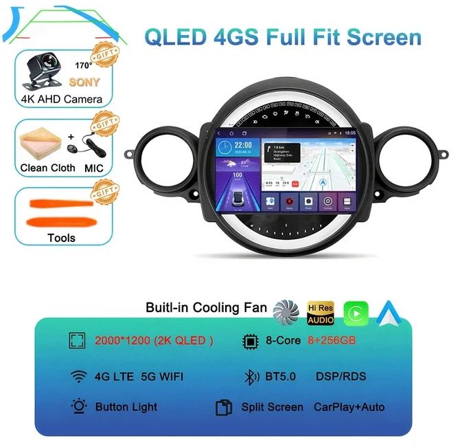 BMW 미니 쿠퍼 R56 R60 2007-2014용 라디오 QLED 안드로이드 15 지능형 시스템 내비게이션 GPS 카플레이 안드로이드 오토 WIFI 5G, 4)8G 256G AHD 2K