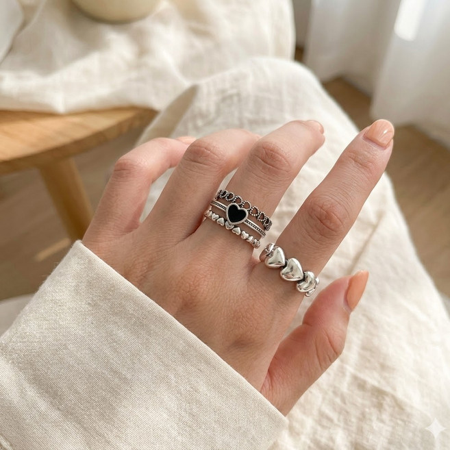 블랙 포인트 하트 큐빅 엔틱 레이어드 오픈링 반지 세트