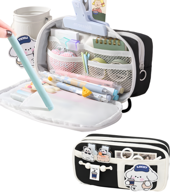 BDYP 가벼운 대용량 필통 패브릭 펜 파우치, 1개, 블랙