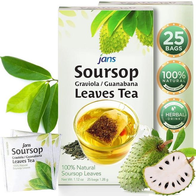Jans Soursop 티백 (50개 풀 스트렝스 프리미엄 허브 티) 100% 천연 및 건조 사워솝 잎으로 제작 - 호자 데 구아나바나 잎 그라비올라 - 카페인 프리 사워 솝, 25 Count (Pack of 1), 1.28g