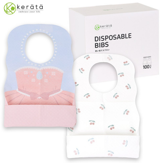 케라타 유아용 일회용 방수 턱받이 개별포장, 1개, 100매, 드레스&체리 혼합.