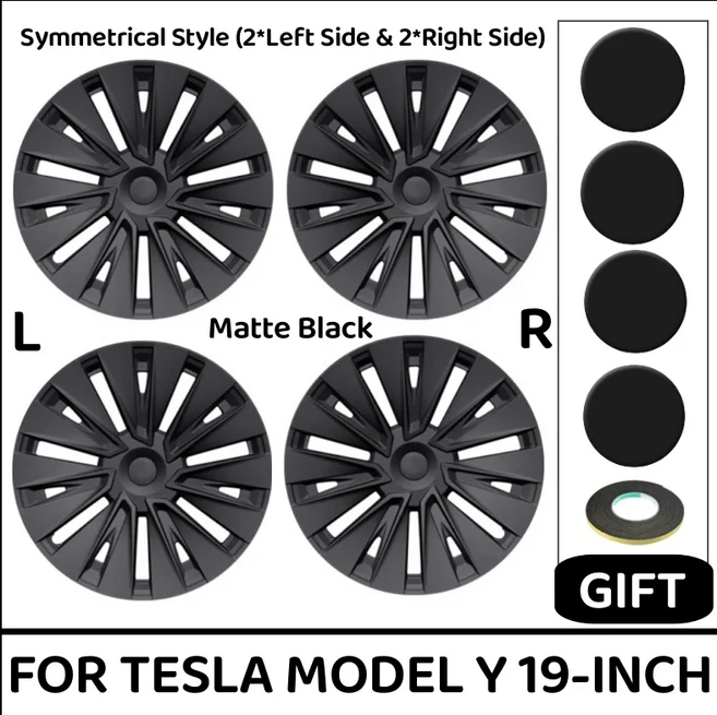 Tesla Model Y 2020-2023 용 4 개/대 휠 캡 19 인치 허브 성능 교체 Hubcap 풀 림 커버 액세서리, 01 L-R Matte Black, 01 Tesla, 01 Model Y 19-Inch