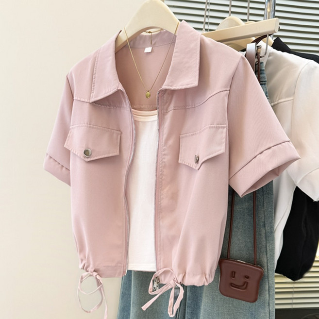 아이엠몽 여성용 베이직핏 카라넥 포켓 디테일 스트링 반팔 자켓 R6H098