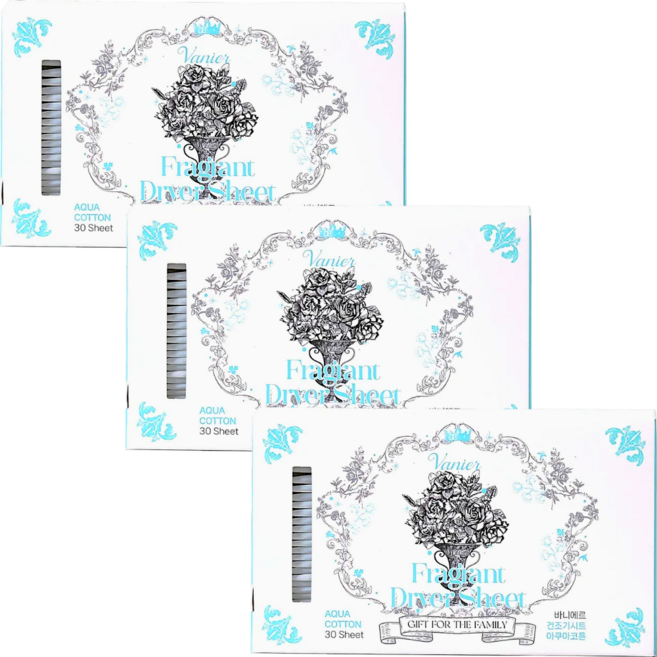 바니에르 고농축 더마 건조기시트 섬유유연제 드라이시트 아쿠아코튼, 3개, 30개입