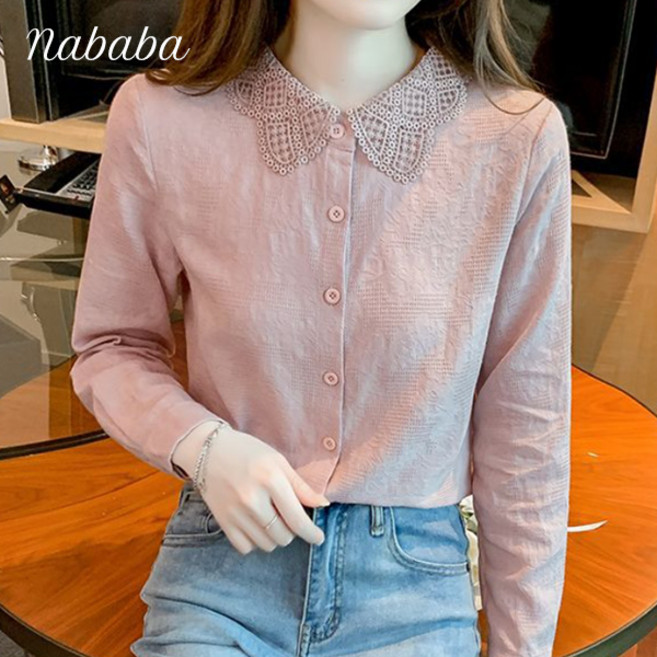 나바바 NB3021 여성 러블리 무지 레이스 카라 긴팔 셔츠
