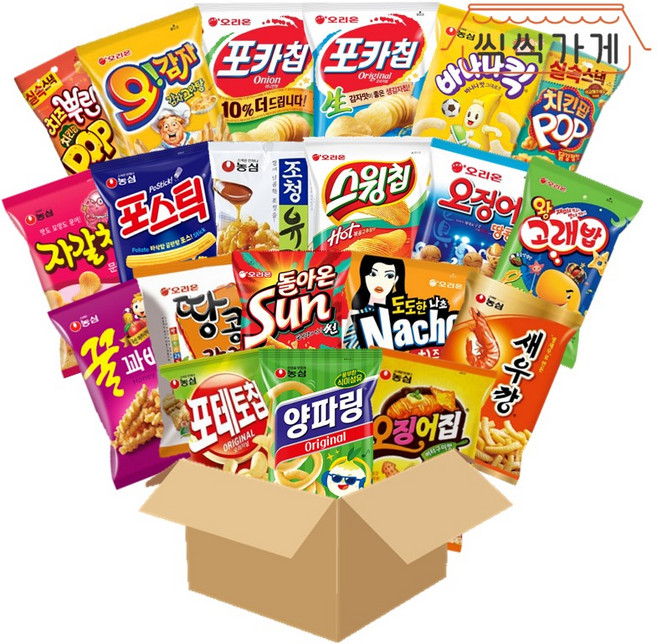 [씩씩가게] 농심X오리온 봉지과자 20종(썬 포카2종 오징어집 새우 포스틱 스윙 치킨팝2종 고래 나쵸 오감자, 66g, 1개