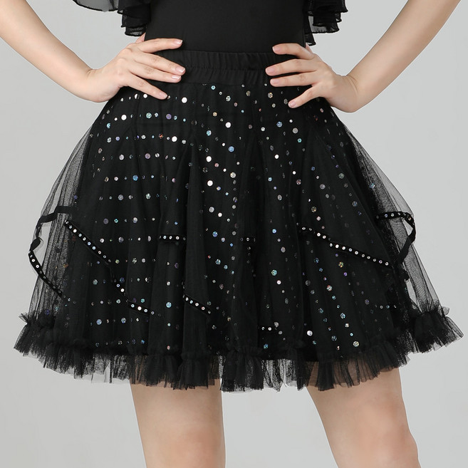 와우진플 스팽글 5부 스커트 라인 댄스복, 블랙