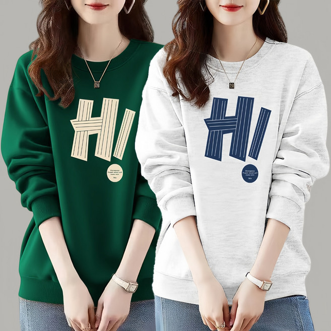ORZQU 1+1 봄 가을 여성 라운드 캐주얼 프린트 라운드 긴팔 맨투맨 상의
