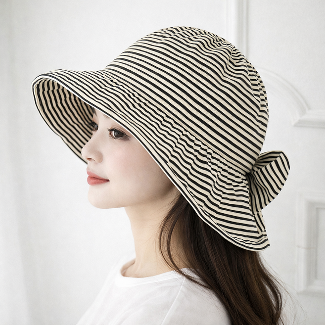 여성 와이어 스트라이프 테이프 리본 벙거지 모자