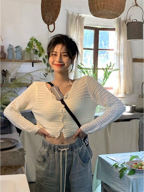 鏤空針織薄罩衫 夏季短版外搭上衣, 白色,L
