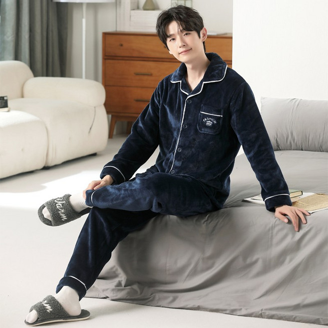 YANGTA 소프트 극세사 카라 수면 잠옷 겨울 남성용 잠옷 상하의 세트